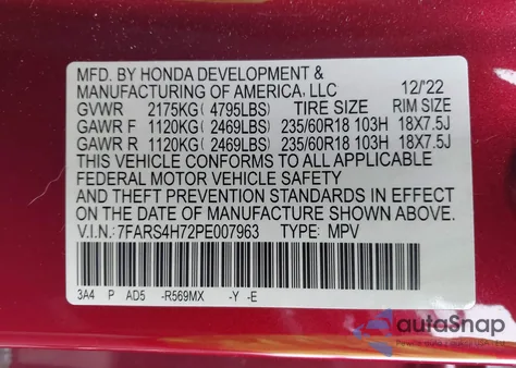 2023 Honda Cr-V Ex-L Awd from USA, damaged, VIN 7FARS4H72PE007963